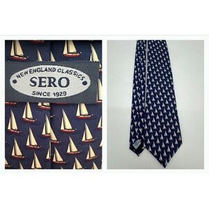 SERO Neck Tie New England Preppy Sail Boat‎ Nautical Handmade Silk Blue